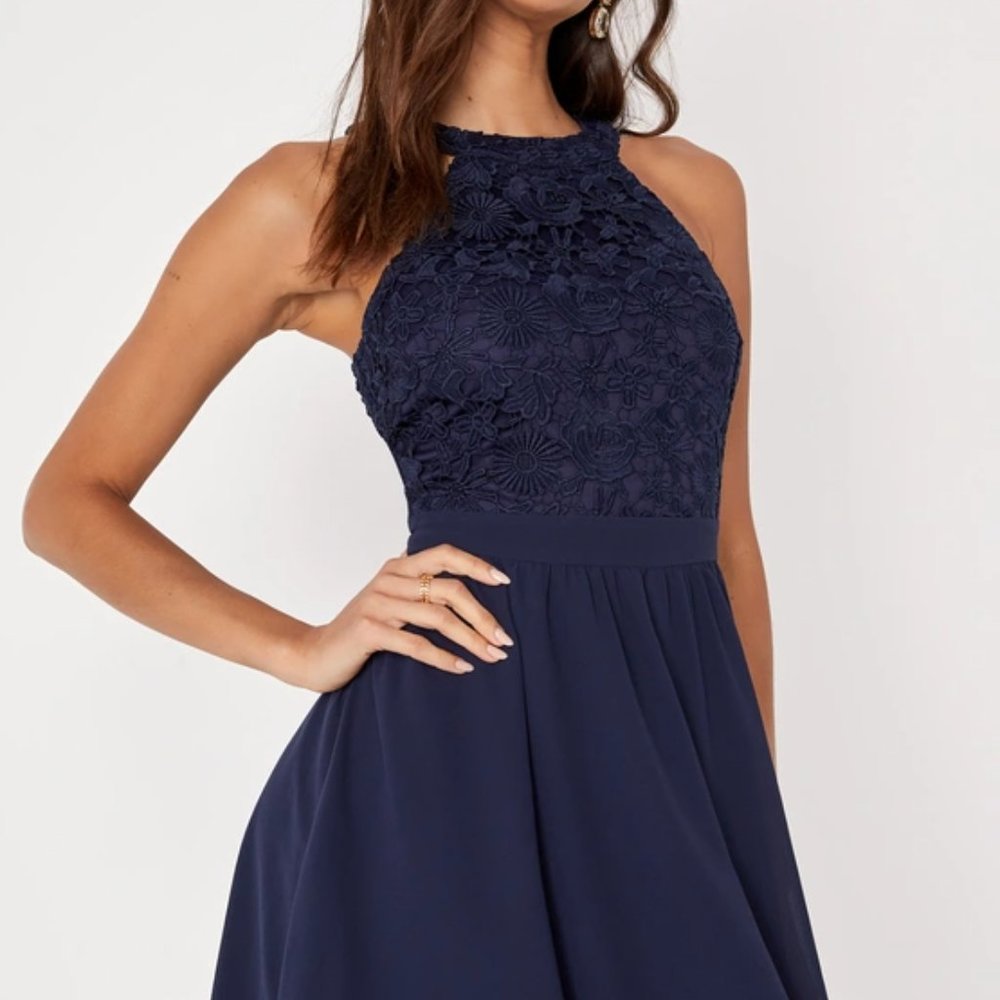 Lulu's Lover's Game Navy Blue Lace Skater Dress
